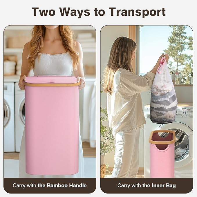 Bathola 75L Slim Laundry Hamper with Lid, Dirty Clothes Hampers for Laundry, Collapsible Laundry Baskets for Small Spaces, Bedroom, Bathroom, Laundry Room, Pink