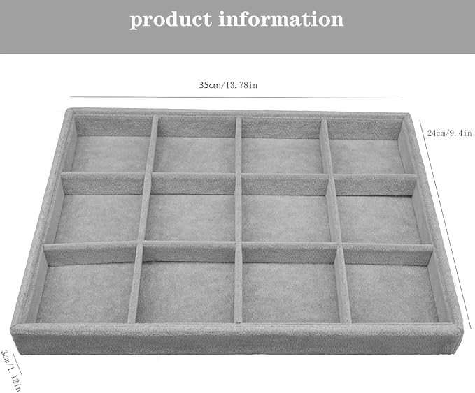 Large Velvet Jewelry Tray, Drawer Organizer for Jewelry in Dresser, Stackable Jewelry Drawer Organizer Inserts for Earring Necklace Bracelet Rings(Grey,12grid)