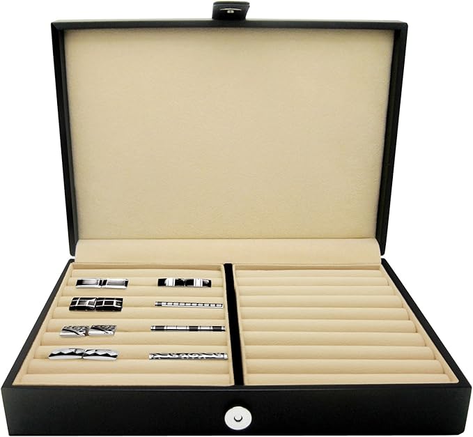 HONEY BEAR Men/Women's Cufflinks Jewelry Box - Faux Leather Display Case Storage Organizer Black, for Rings Earrings Tie Clips