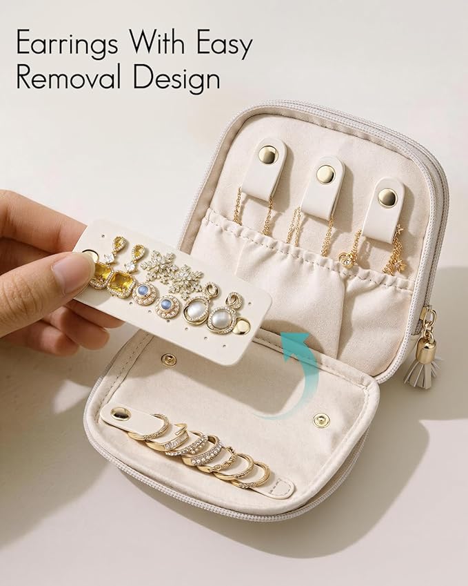 VLANDO Travel Jewelry Case,2-Layer Jewelry Organizer for Travel,Mothers Day Mom Gifts Teacher Gifts,Multi-Compartment Jewelry Storage for Rings Earrings Necklaces Bracelets-Cream White