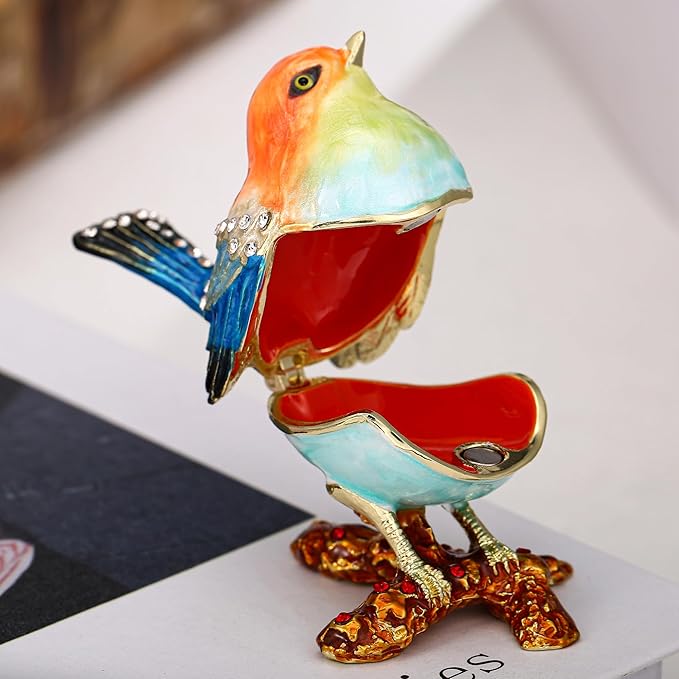 Hand Painted Enamel Robin Bird Trinket Box for Home Decor, Hinged Jewelry Organizer for Ring Earrings, Unique Figurine Keepsake Collectible Personalized Handmade Ornament Gifts (Multi-Sparrow)