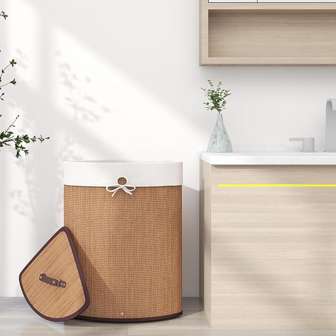 GOFLAME Corner Bamboo Laundry Hamper with Lid and Removable Liner, Washing Clothes Basket Storage Bin with Handle, Suitable for Bedroom, Bathroom, Laundry, Bamboo