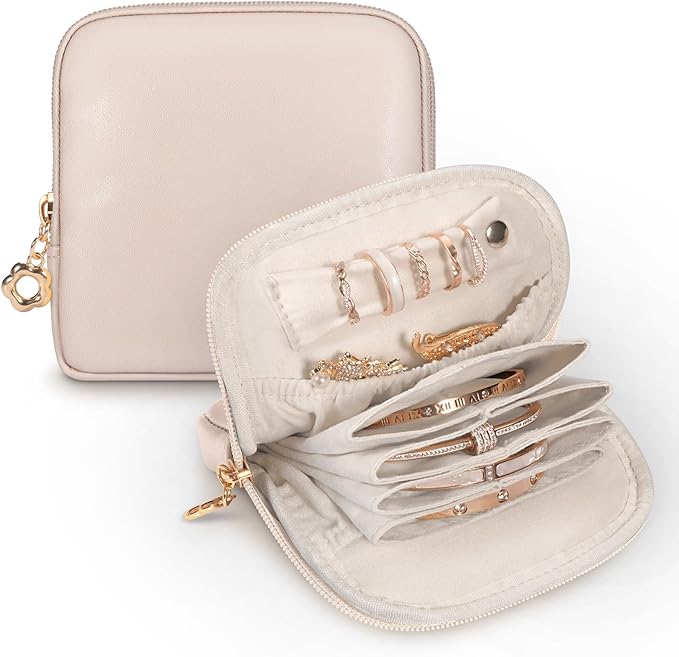 SITHON Small Travel Jewelry Case with Ring Holder, Mini Velvet Jewelry Pouch Bags, Compact Storage Organizer for Bracelet Necklaces Earrings Travel Essentials, Mother’s Day Gifts (Apricot Pink)