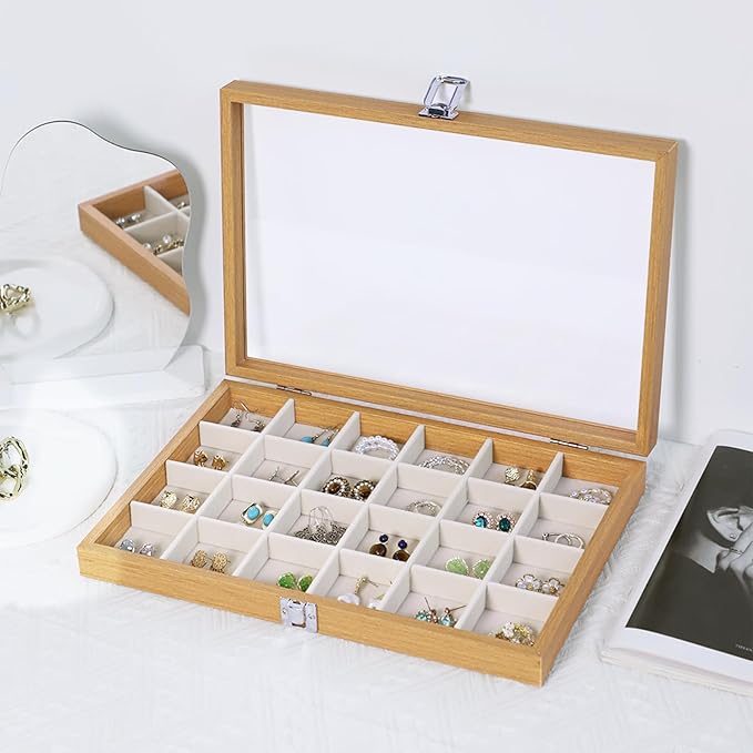 Stratalife Jewelry Organizer Wooden Jewelry Box Jewelry Display Case Jewelry Tray with Glass Lid Earring Holder Organizer Bracelet Ring Organizer 24 Grid Jewelry Tray Vintage Gift for Women