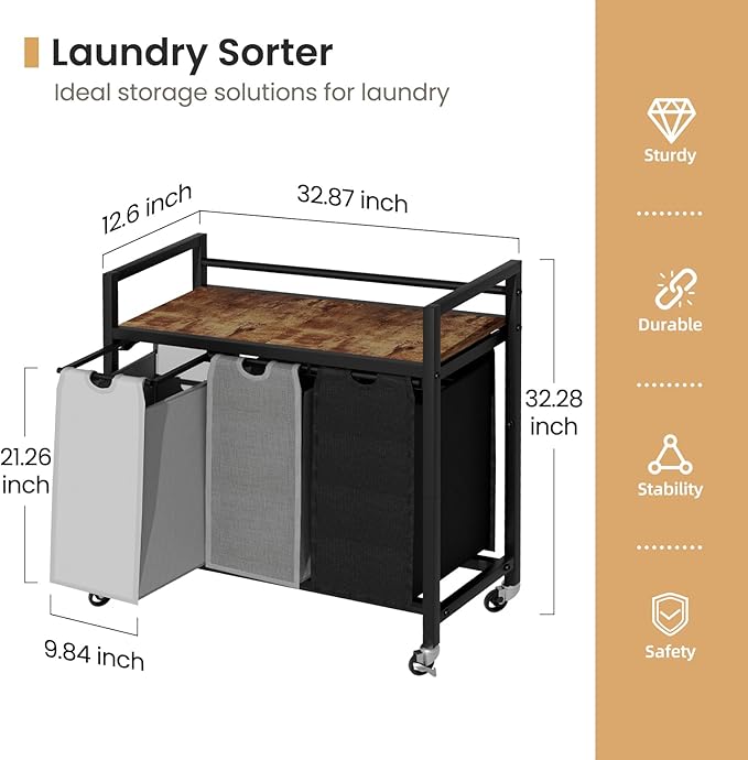 SwaaVee Laundry Hamper, Laundry Basket, Laundry Sorter with 3 Removable Bags, Clothes Basket with 3 Compartments, Wheels, Shelf for Laundry Room Bathroom Bedroom (3 Bags-Black Grey White)