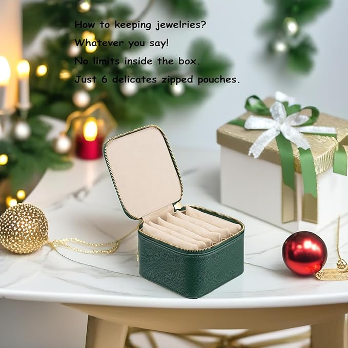 VLANDO Travel Jewelry Box Organizer – Portable PU Leather Jewelry Case with 6/8/12 Zippered Pouches, Compact Storage for Earrings Rings Necklaces Bracelets, Dark Green