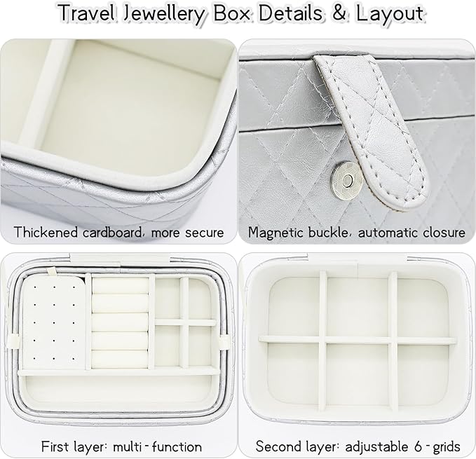 Jewelry Travel Case, 2-Layer Jewelry Box Organizer Medium Jewelry Travel Box, Portable Faux Leather Jewellery Storage Boxes with Argyle for Women, Daily Jewellery Case Home Use (Silver gray)