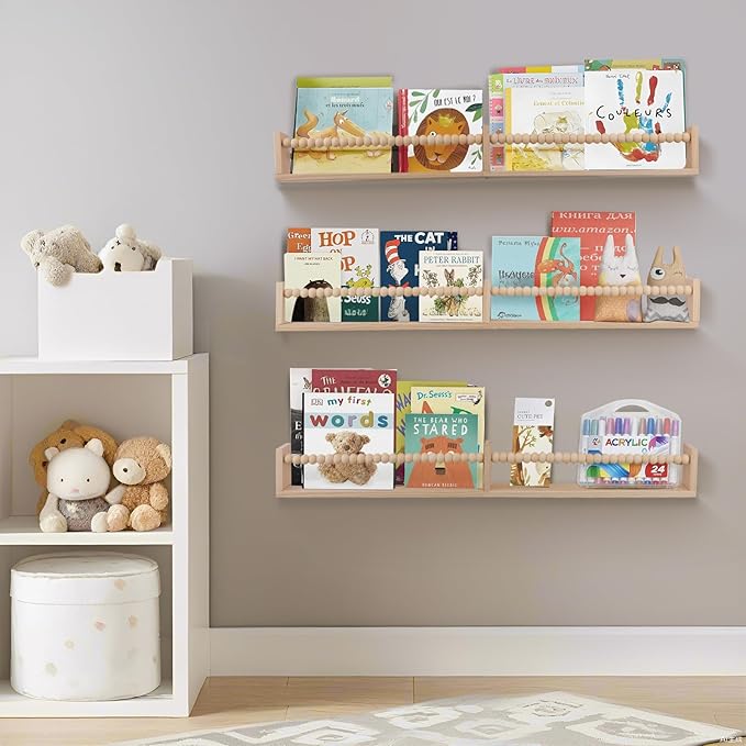 birola Nursery Book Shelves for Kids Rooms - 32 Inches Floating Wall Bookshelves Set of 3, Space-Saving Nursery Shelves with Beads Design for Kids Room, Bedroom and Study Room(Natural)