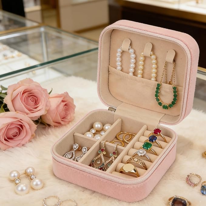 First Communion Travel Jewelry Box, Small Pink Case with Zipper & Soft Lining, Christian Keepsake Organizer for Rings Earrings Necklaces, Religious Keepsake Gift for Girls (1, Pink)