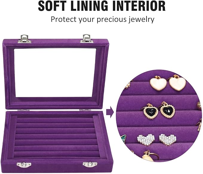 Vicoter Rings Organizer Tray 7 Slots Velvet Jewelry Earring Storage Box with Transparent lid Jewelry Display Case for Girls Wife Mom Women (Purple)