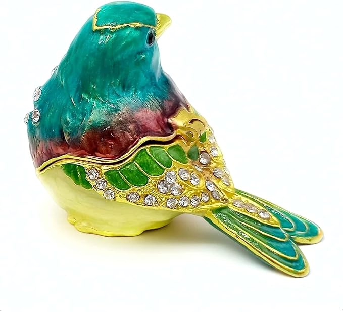 Turquoise Green Bird Trinket Boxes Hinged,Bird Decor with Crystals Enamel Jewelry Box.Necklace Ring Box Earrings Storage.Collectible Birds Lover Gifts Figurines Home Decor