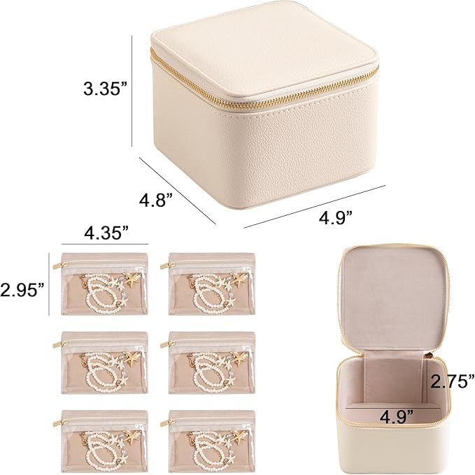 Frebeauty Small Travel Jewelry Box with 6 Pouch Bags, Portable Mini Jewelry Storage, 3.35 x 4.9 x 4.8 Inches, Gift Idea for Women Girls (Beige)