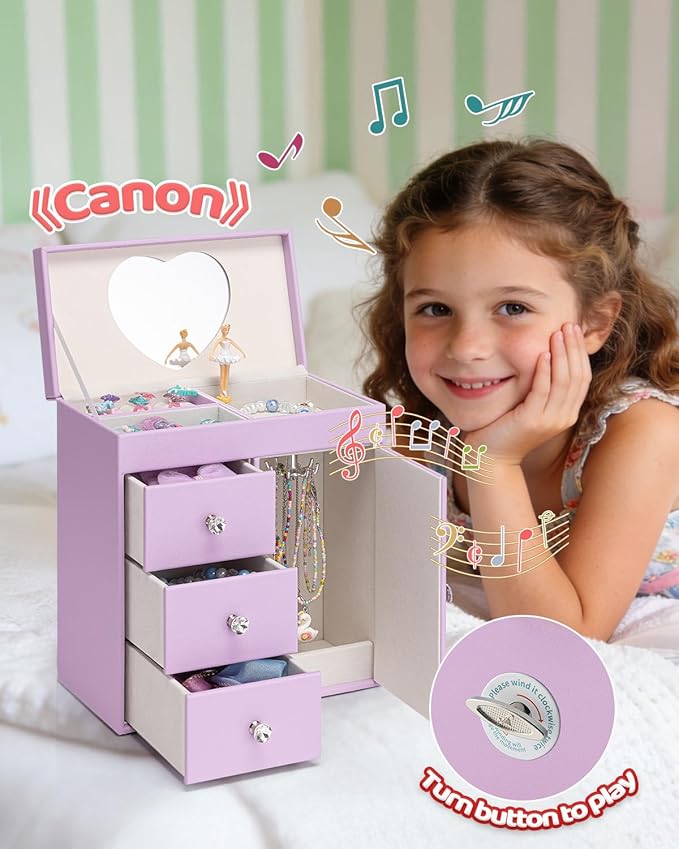 VLANDO Musical Jewelry Box for Girls, Large Kid Music Box with Ballerina for Birthday Bedroom Decor, 4 Layer Girl Jewelry Gifts for Girls Kids - Purple