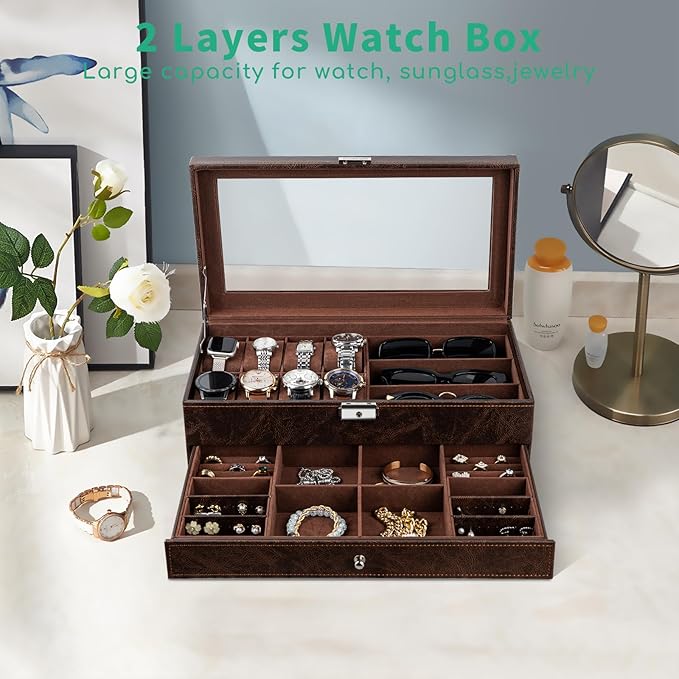 TomCare Watch Box 2-Tier Watch Case Jewelry Organizer Box with Thick Glass Lid Lockable Watch Organizer Jewelry Display Holder Sunglass Rings Necklaces Bracelets Storage Organizer for Men Women,Brown