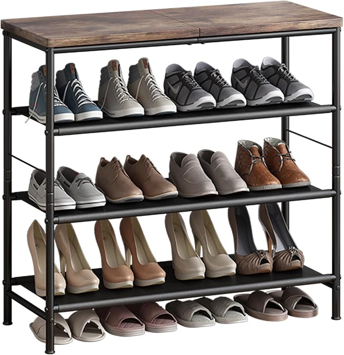 INGIORDAR Shoe Rack Organizer 4 Tier Metal Organizer Shelf with Industrial MDF Board and Layer Fabric for Entryway Closet Bedroom Living Room Garage,Black & Rustic Brown (Black+Rustic Brown, 4 Tier)