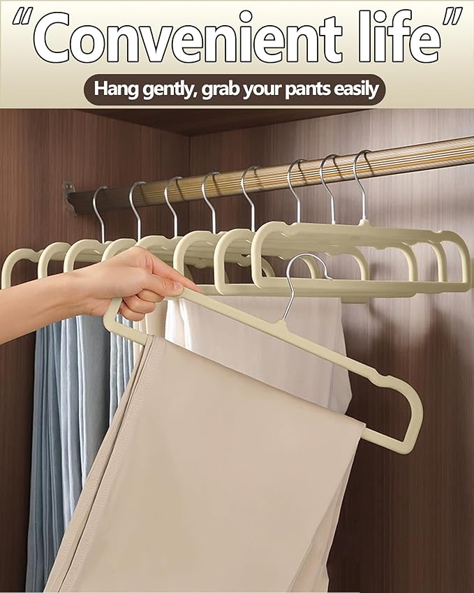 Velvet Hangers Non Slip - 20 Pack Pants Hangers for Closet - Thin Space Saving Clothes Hanger - Strong, Durable, Jean Perchas with 360 Degree Rotatable Hook for Tank Top (Beige Silver Hook)
