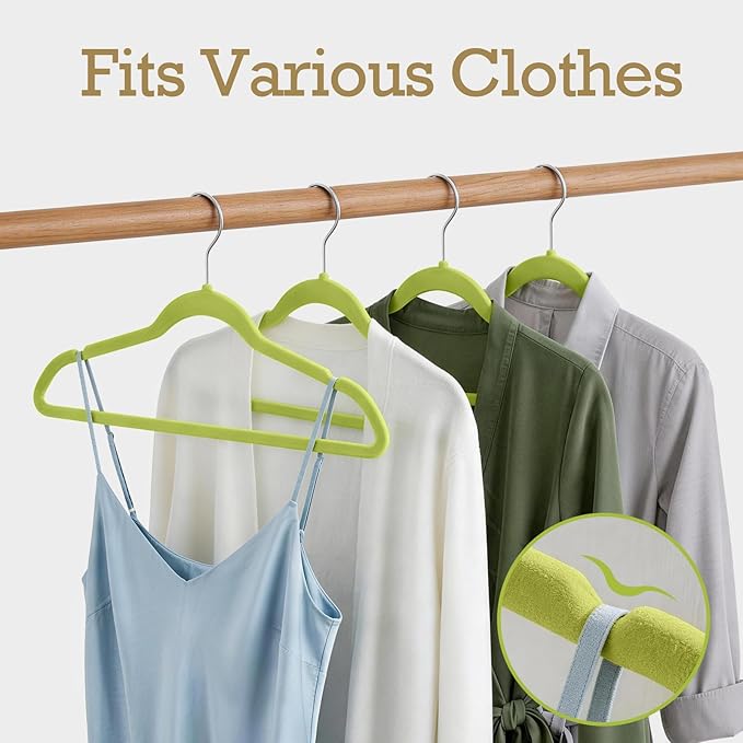 HOUSE DAY Vibrant Green Velvet Hangers 60 Pack, Non Slip Clothes Felt Hanger Heavy Duty for Coat, Premium Slim Space Saving Suit Hangers for Closet Organizer, 360° Rotating Silver Hook