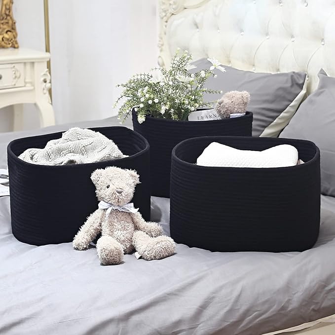ECDYQXVU Cotton Rope Storage Basket, 15x10x9 Inches, Woven Basket for Shelves, Clothes, Towels, Books, and Laundry, Black (3 Pack)