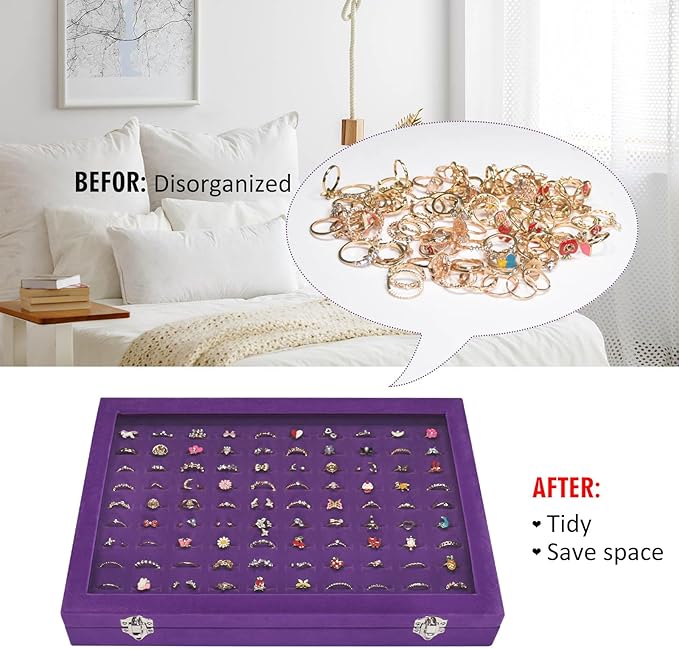 Vicoter Rings Organizer Tray 100 Slot Velvet Ring Earring Storage Box TranSparent Cover Jewelry Store Ring Display Box Jewelry Display Cabinet for Girl Wife Mother