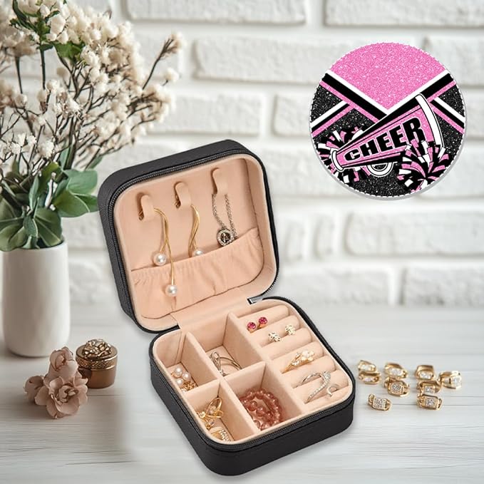 Cheerleader Travel Jewelry Case, Cheer Travel Jewelry Box for Women, Mini Jewelry Travel Case for Cheer Team, Cheerleader Gifts for Girls (Pink)
