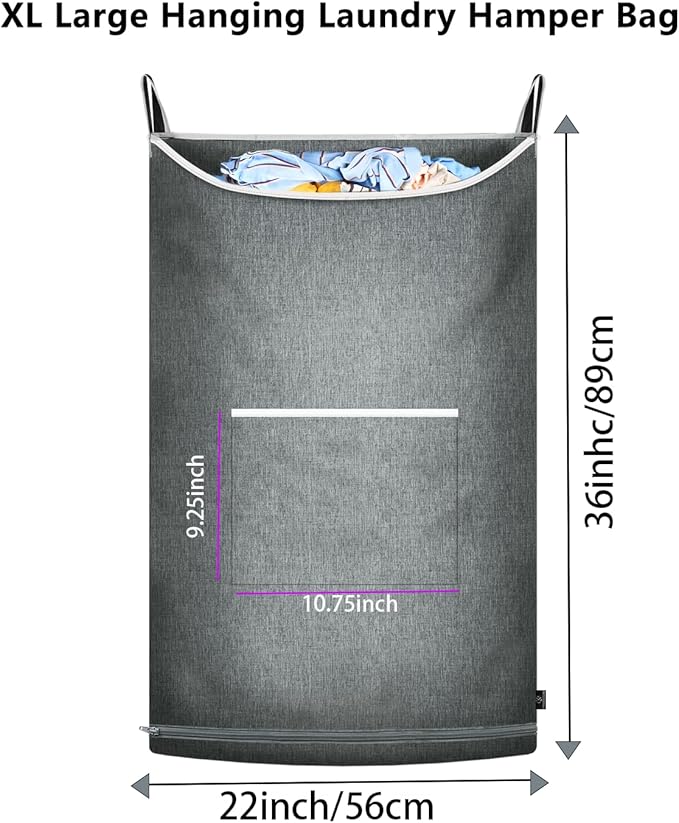 XL Large Hanging Laundry Hamper, Over the Door Laundry Bag with Zipper and Wide Open Top,Hanging Hamper for Storage Laundry, Clothes, Toys,36x 22 Inch, Heather Grey 2Pack.