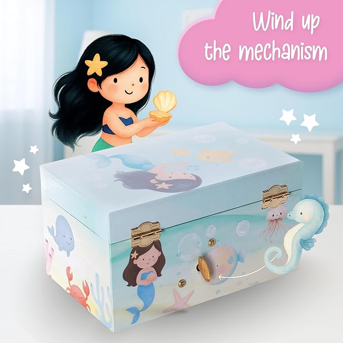 The Memory Building Co Mermaid Musical Jewelry Box Plays Classic Melody, Storage Organizer Music Box for Kids Ages 6-12, MDF Wood w/ 2 Fabric Lined Ring Bracelet Necklace Treasure Compartments