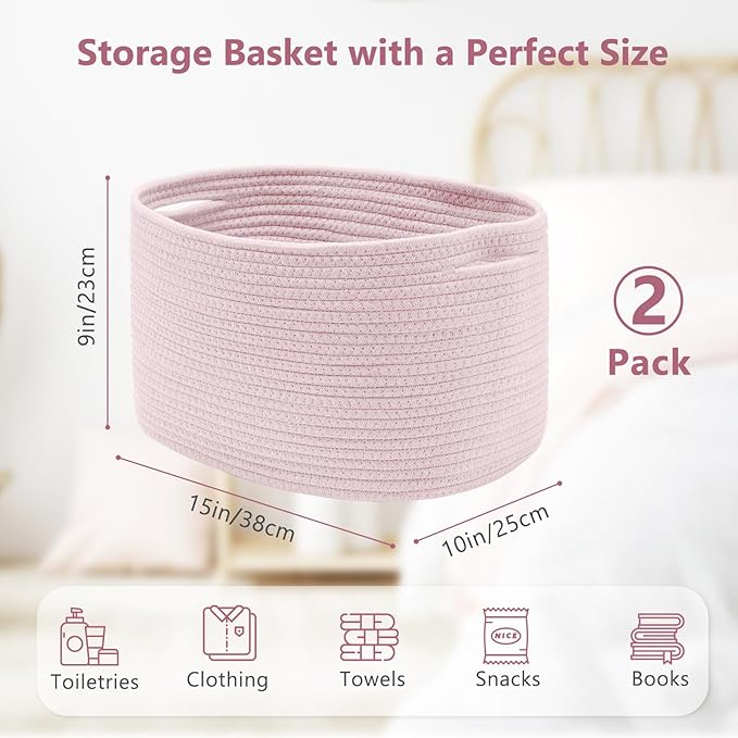 ECDYQXVU Cotton Rope Storage Basket, 15x10x9 Inches, Woven Basket for Shelves, Clothes, Towels, Books, and Laundry, Light Pink (2 Pack)
