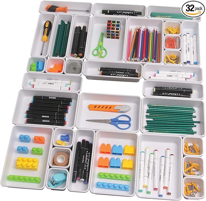 Set of 32 Interlocking Desk Drawer Organizer Tray Dividers Plastic Shallow Narrow Drawers Organizers Separators Storage Bins Container for Kitchen Bathroom Makeup Office Vanity Bedroom Dresser White