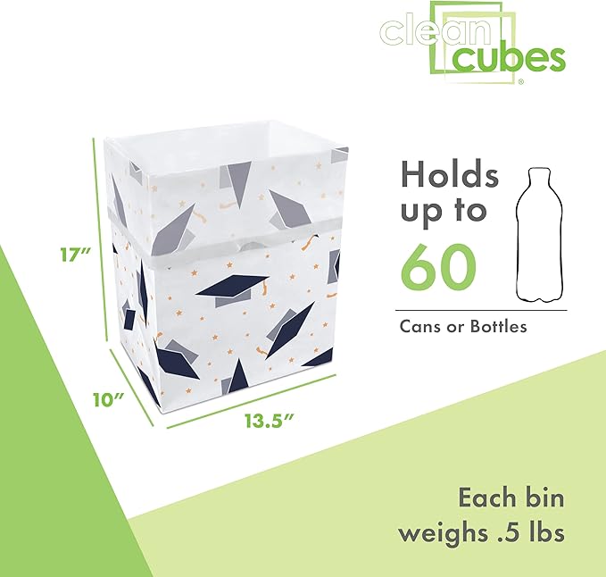 Clean Cubes 13 Gallon Disposable Pop-Up Trash Cans (3-Pack) with Fitted Bags – Foldable Garbage & Recycling Bins for Parties, Events & Kitchen (Graduation, 17" H x 13.5" W x 10" D)