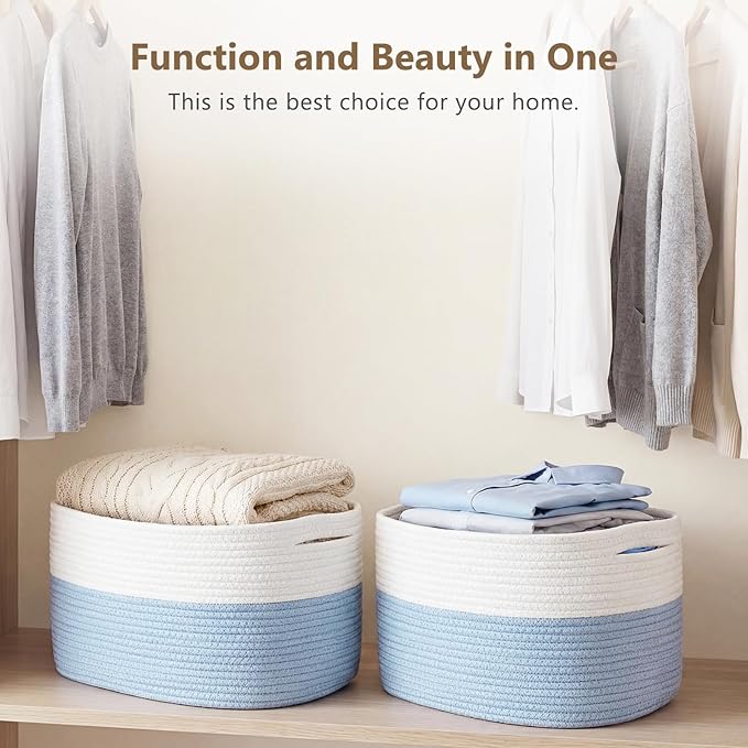 ECDYQXVU Cotton Rope Storage Basket, 15x10x9 Inches, Woven Basket for Shelves, Clothes, Towels, Books, and Laundry, White Blue (1 Pack)