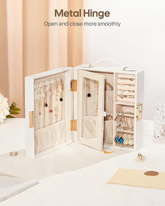 Enthralite Large Travel Jewelry Case: Portable Jewelry Box with Mirror - PU Leather Small Jewelry Organizer for Rings Earrings Necklaces Bracelets - Birthday Gift for Her