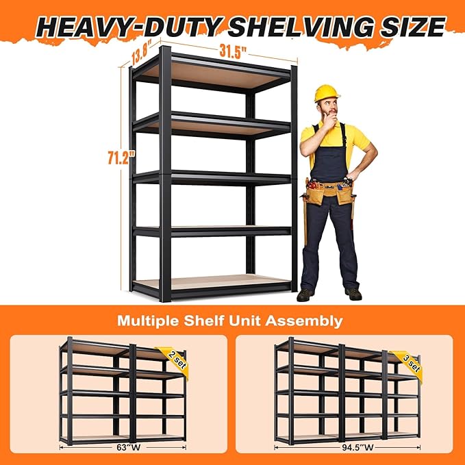 71.2''H Storage Shelves, 2500lbs Garage Shelving,Adjustable Heavy Duty Shelving Unit,5T Tall Garage Shelves，Wood Metal Standing Shelf Units,Utility Rack for Kitchen 71.2''H*31.5''W*13.8''D