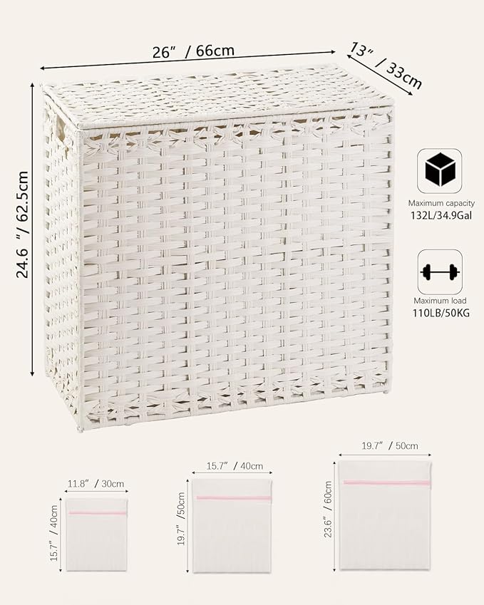 SETVSON Laundry Hamper with Lid Laundry Basket 132 L (35 Gal) Wicker Clothes Hamper, Handwoven Rattan Hamper with Handles and 4 Removable Liner Bags, 6 Mesh Bags for Laundry Bedroom White