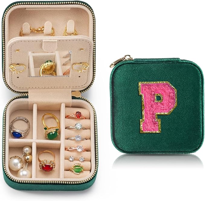 Personalized Velvet Travel Jewelry Case Box For Women Ring Necklace Earring Holder Organizer with Mirror Green Girls Box Birthday Gifts Mom Initial P