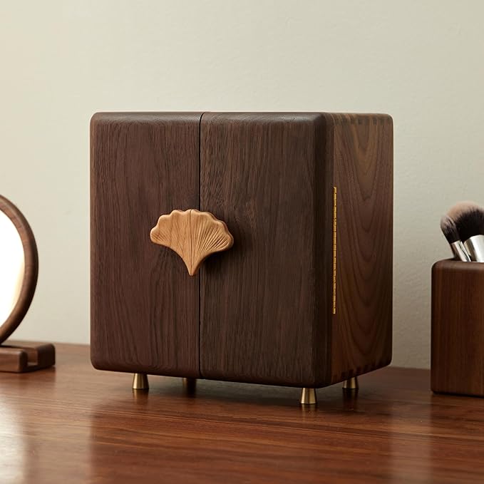 Solid Black Walnut Wood Jewelry Box for Women & Men, Large Velvet Lined Wooden Jewelry Organizer with 5 Drawers, Hand Carved Ginkgo Leaf Handles, Double Door Wardrobe Design