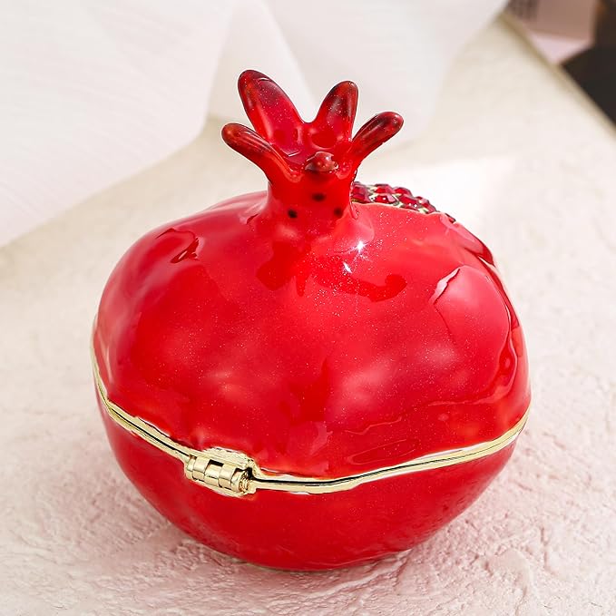 Hand Painted Fruit Trinket Box for Home Decor, Hinged Jewelry Organizer Storage, Unique Personalized Collectible Keepsake Figurine Handmade Decorative Ornament Gifts (Pomegranate)