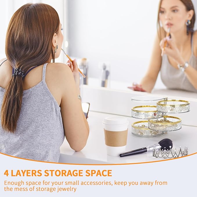 LETURE 4-Layers Rotatable Jewelry Organizer Storage Box, Clear Jewelry Holder Case for Ring Earring Necklaces Bracelets Makeup Hair Accessories