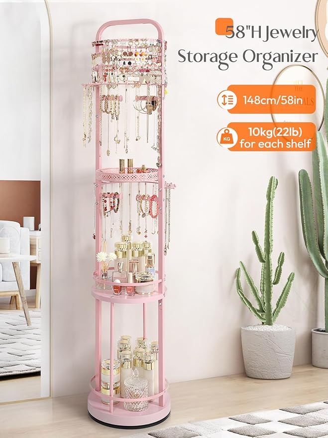 Jewelry Holder Organizer, Floor Jewelry Organizer with Earring Organizer Necklace Holder, Rotating Jewelry Stand Necklace Display Earring Storage, Large Hanging Jewelry Tree for Jewlery Bracelet Ring