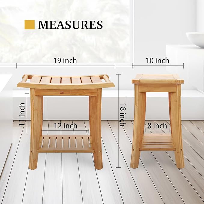 Unibambou Bamboo Shower Bench with Storage Shelf, Wooden Spa Bath Deluxe Organizer Shower Stool for Inside Shower, Bathroom Bench Seat for Adults Elderly Seniors for Indoor or Outdoor Use