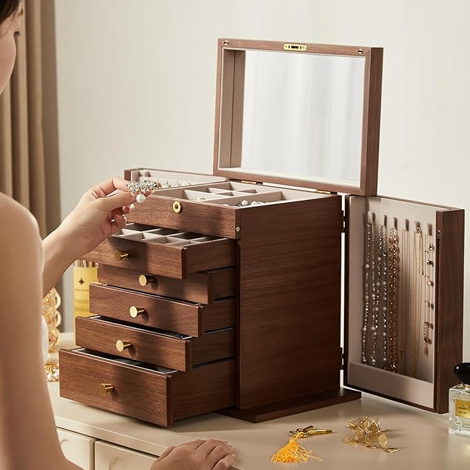 CHOSIN Black Walnut Wooden Jewelry Box, 6-Layer Lockable Wood Jewelry Organizer with Mirror, Side Doors & Brass Handle, Classical Design for Rings, Necklaces, Earrings, Mothers Day Gifts for Mom