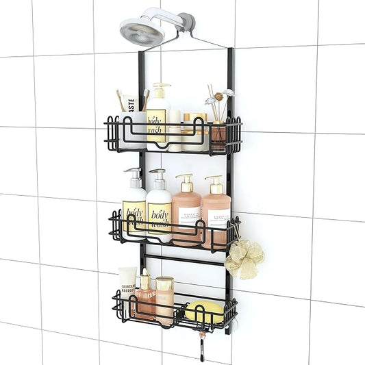 SWTYMIKI Shower Caddy Hanging Organizer - 3-Tier Rustproof Shower Organizer Over Showerhead with Adjustable Baskets, 24 Hooks, Soap & Razor Holder - No Drill Large Bathroom Storage Rack, Black