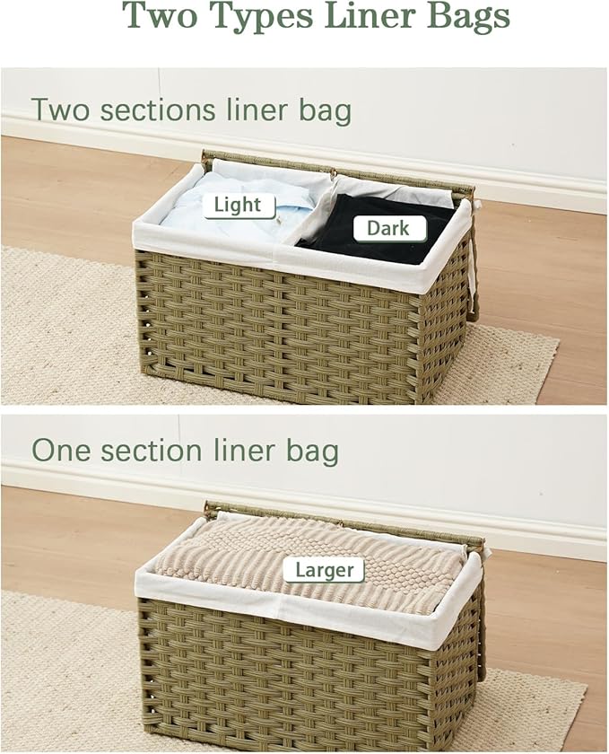 SETVSON Storage Basket with Lid Rattan Woven Storage Baskets with 2 Separate Lids, 17.2 Gallon (65 L), Wicker Storage Bins Foldable, 2 Removable Liner Bags Handles for Bedroom, Laundry Room Green