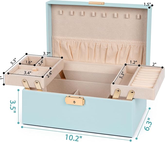 AKOZLIN Travel Jewelry Box Organizer Functional 2-trays Leather Jewelry Storage Case with Lockable Portable for Women Girls Ring Necklace Earring Bracelet