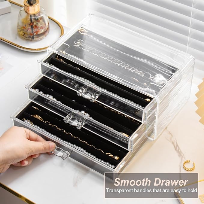 YUFONG Necklace Holder Organizer, Dustproof Necklace Box Velvet Necklace Organizer Box with Lid Clear Acrylic Dustproof Stackable Jewelry Displays for Necklaces Chain Display (Black, 3 Drawer)