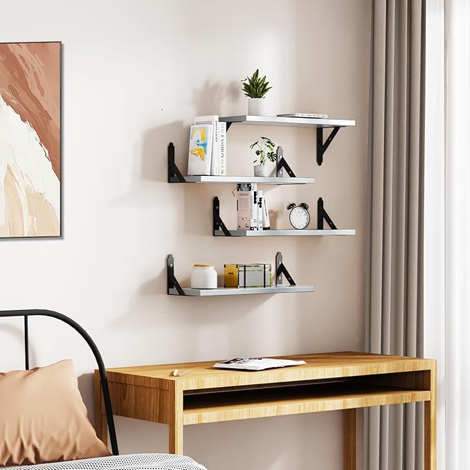 ROMGUAR CRAFT Wood Floating Shelves Set of 4, Rustic Storage Decor Wall Shelves, Wall Mounted Shelf for Living Room, Bedroom 17" x 6", Light Grey