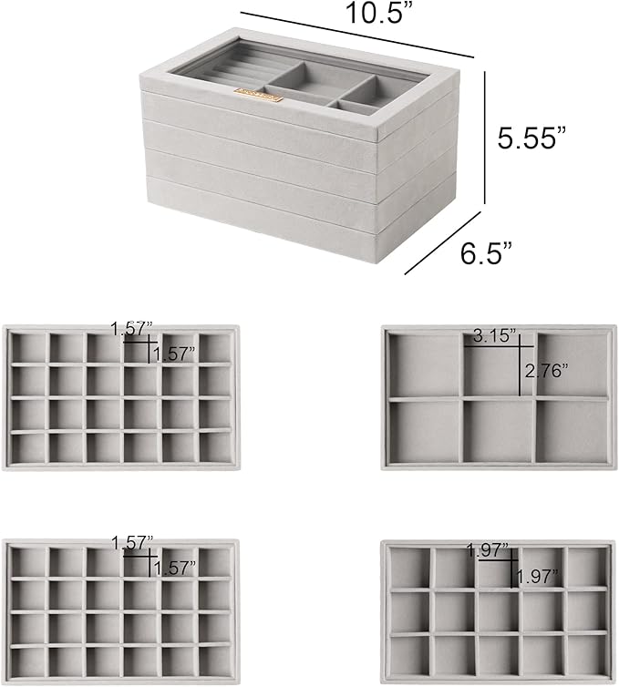 Frebeauty Earring Holder Stackable Jewelry Trays,Velvet Drawer Jewelry Organizer with Glass Lid, 5 in 1 Jewelry Box for Earrings Rings Studs,10.5 x 6.5 x 5.55 Inches Gift for Women (Grey)