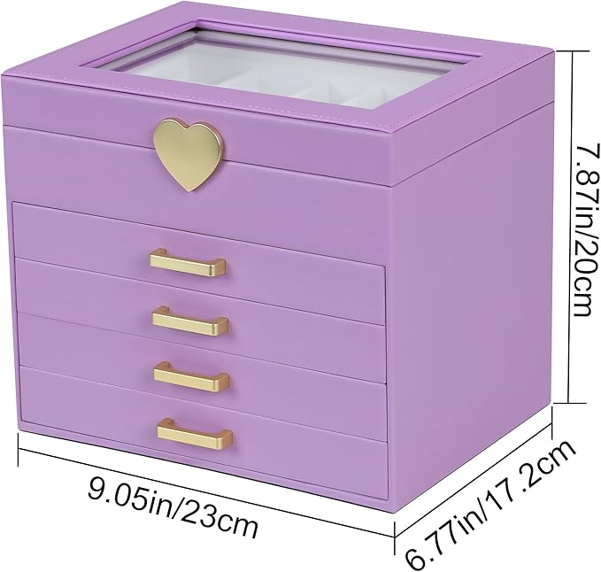 Kendal Jewelry Box, 5-Layer Jewelry Organizer Box with Glass Lid, Purple, Heart Shaped PU Leather, Storage Box for Necklace Earrings Rings Bracelets, Gift Idea for Girls LJC4DRPL