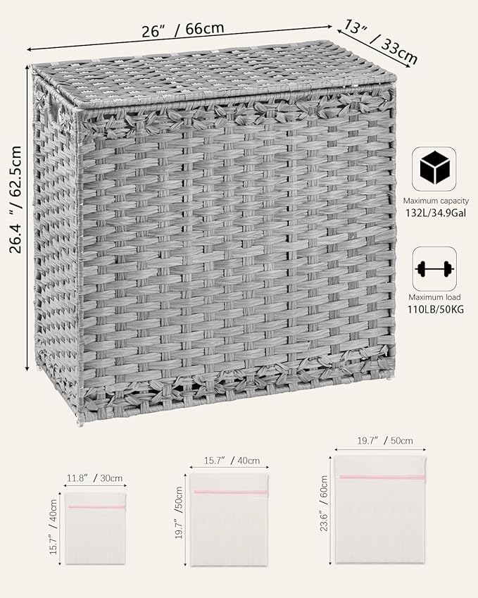 SETVSON Laundry Hamper with Lid Laundry Basket 132 L (35 Gal) Wicker Clothes Hamper, Handwoven Rattan Hamper with Handles and 4 Removable Liner Bags, 6 Mesh Bags for Laundry Bedroom Gray