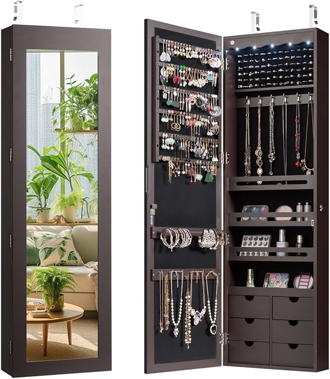Giantex Wall Door Mounted Jewelry Cabinet with Full Length Mirror, Lockable Over Door Jewelry Armoire with LED Lights, 47.5" Large Jewelry Storage Organizer with 6 Drawers, Espresso