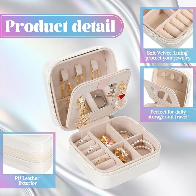 Nosiny 2 Pack Travel Jewelry Case with Mirror Small Laser Jewelry Box Organizer Gifts for Mother's Day Women Rings Earrings(White and Black)